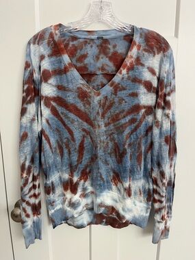 Young Fabulous & Broke Tie Dye V Neck Long Sleeve Top Blue Rust S 100% Linen